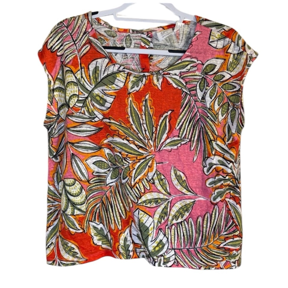 CC California 100% Linen Tropical Floral Print Short Sleeve Blouse Shirt Top